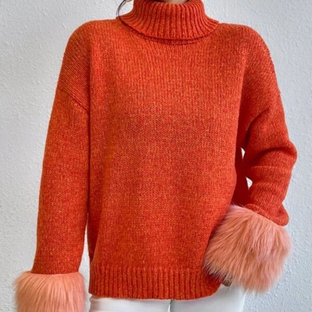 orange  faux fur Cuff TurtleNeck Knit Sweater Top - Picture 4 of 6